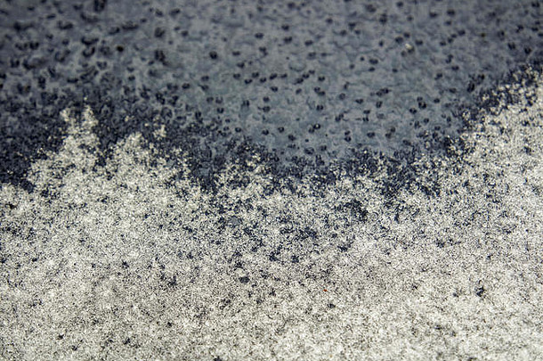 冰雪背景：车窗特写/覆盖有纹理水/冰珠的车身。<strong>冬季</strong>天气和驾驶危险的示例。