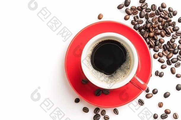 热咖啡杯豆子白色背景咖啡时间早餐早....时间