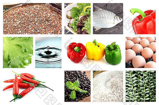 图片中混合了健康食品，例如辣椒、鱼、蔬菜、大米、水。