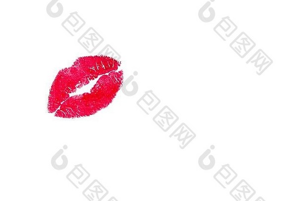 白色背景上的唇膏吻，红吻唇贴在纸上