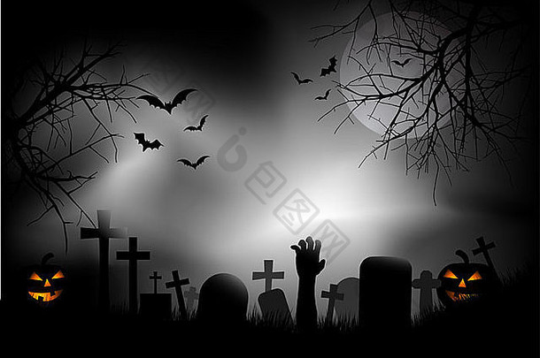 幽灵般的墓地，僵尸之手从地上伸出来