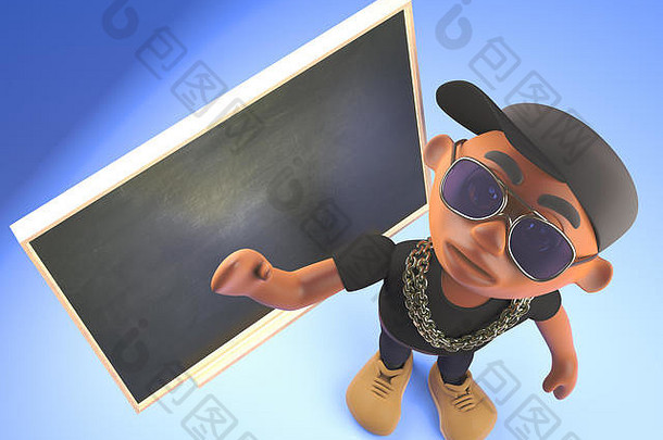 智能黑色嘻哈说唱歌手教学课在黑板上，3d插图渲染