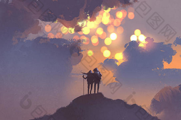两个徒步旅行者在山顶上观看天空中的许多太阳，数码艺术风格，插图绘画