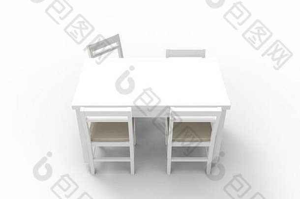 在白色工作室背景中隔离的白色桌子和椅子的3d渲染
