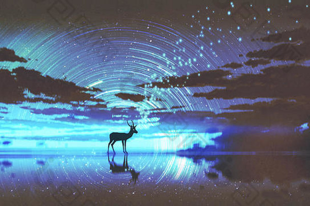 轮廓鹿走水晚上天空蓝色的光数字艺术风格插图绘画