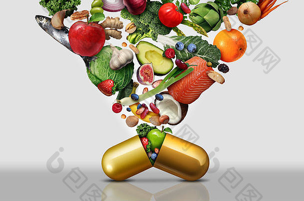 维生素膳食补充剂作为一种胶囊，里面含有水果、蔬菜、坚果和豆类，作为一种天然药物进行健康治疗。