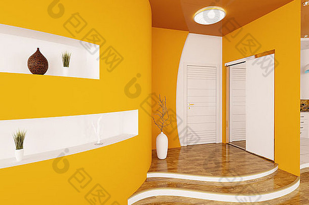 橙色入口大厅的现代室内3d渲染