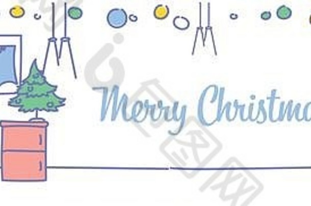生活房间工作场所装饰快乐圣诞节快乐一年松树表格首页室内装饰冬天假期概念草图涂鸦
