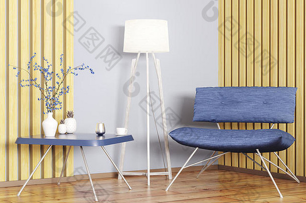 室内生活房间咖啡表格地板上灯蓝色的扶手椅呈现