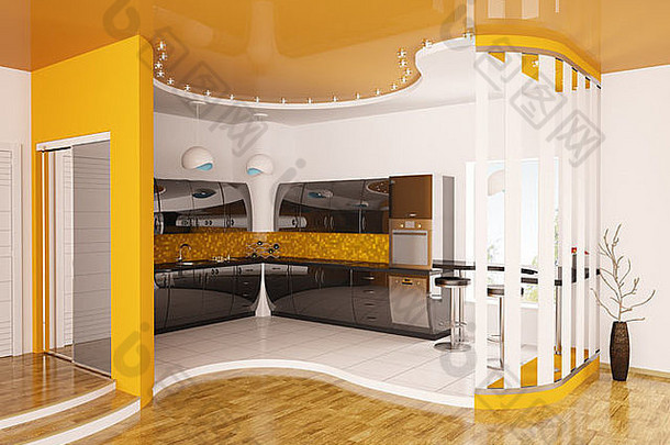 室内设计现代橙色黑色的厨房渲染