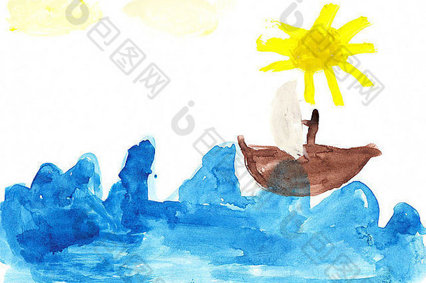 孩子画的帆船和巨浪