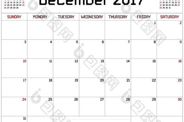 2017年12月的月度计划日历（白色）。使用自定义的直线粗字体。