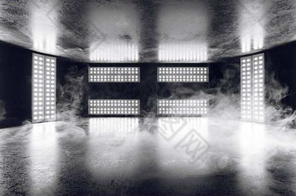 烟雾科幻现代优雅未来派数码霓虹Led工作室大面板灯白色发光灯在黑暗的空垃圾反射混凝土房间B