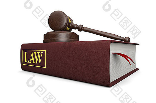 木槌和法律书在白色背景下孤立，是法律和正义的象征