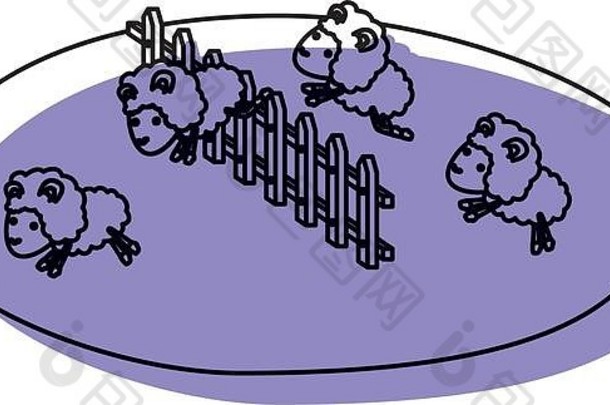 绵羊跳跃木栅栏草紫色水彩剪影白色背景