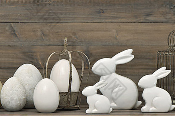 复活节兔子和鸡蛋。复古风格复活节装饰