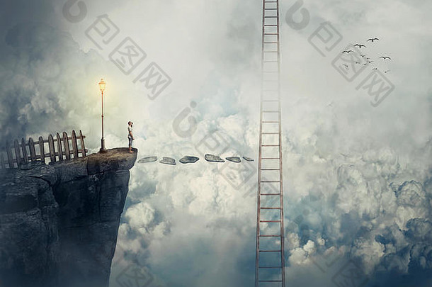 想象中的景象：一个小男孩站在云层之上的悬崖顶上，想着如何爬上通向天空的梯子。人生旅途机遇