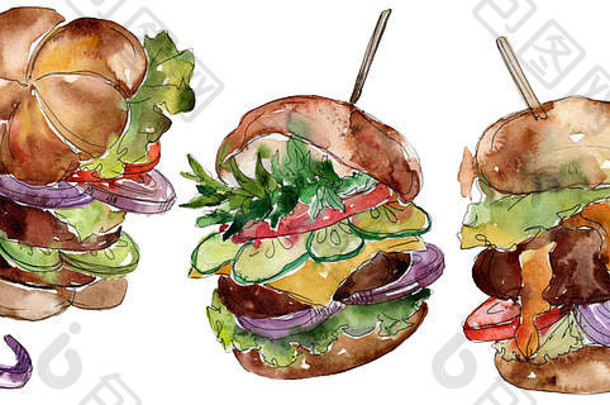 汉堡快食物孤立的水彩背景插图集孤立的快餐插图元素
