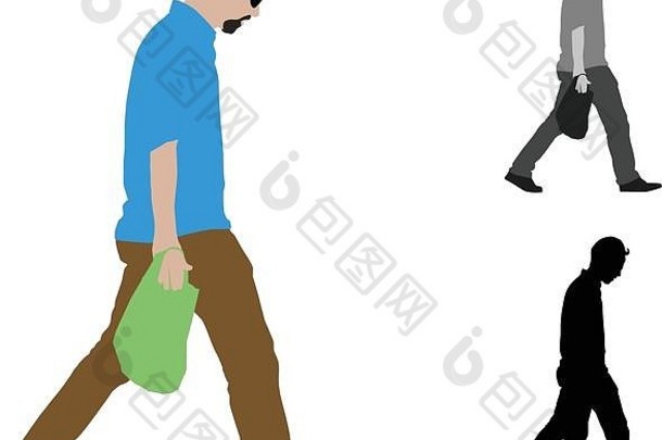 一个男人拿着购物袋走路的真实平面彩色插图