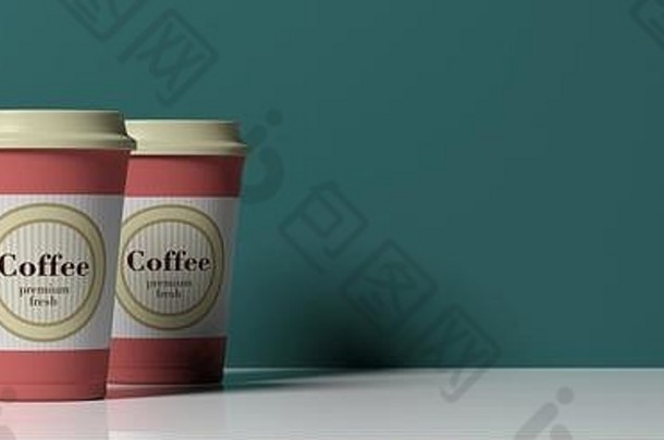 咖啡带走的概念。咖啡杯橙色，3个，绿色墙上有盖子背景，横幅，空间，3d插图。