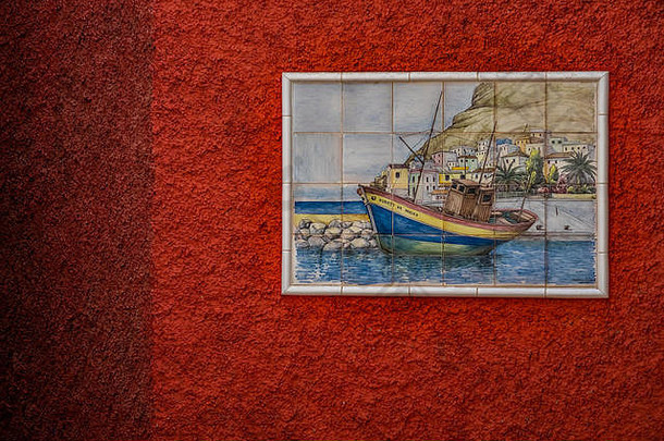 平铺的绘画船墙房屋小小镇法塔加大加那利岛金丝雀岛屿西班牙