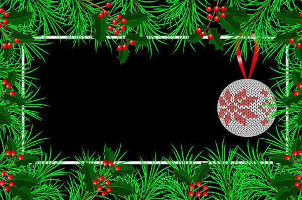 一年圣诞节冬天假期横幅邀请摩天观景轮框架使冷杉冬青分支机构针织球模式黑色的背景水平布局