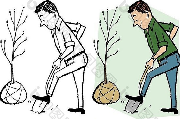 一个男人用铲子种树苗。