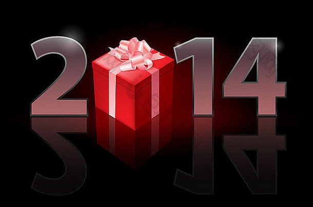 2014年新年：金属数字与礼品盒，而不是零有弱反射。黑色背景上的插图。