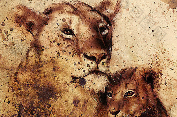 狮子妈妈和狮子幼崽，在纸上画画。背景抽象，锈迹斑斑，古色古香