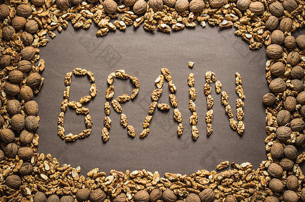 “大脑”这个词是由胡桃木写的，背景是深棕色的纸，框架是胡桃木。俯瞰