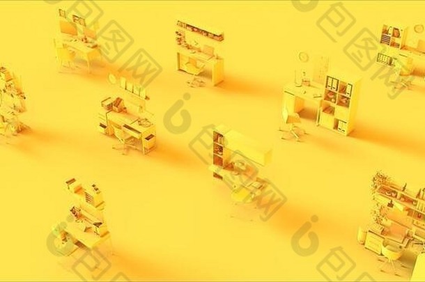 黄色远程工作大量家庭办公室隔离设置3d插图3d渲染