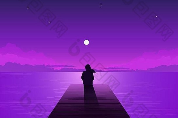 夜幕映衬着月亮升起的孤独女孩。独自一人，梦幻般的女人，带着月亮望着紫色的天空。