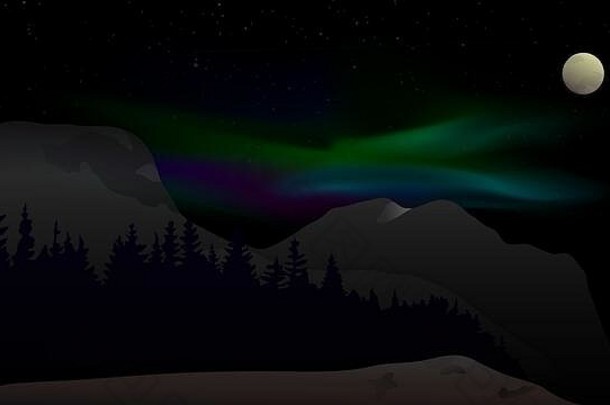 晚上景观森林山月亮色彩斑斓的北部灯星星背景黑暗户外自然旅行风景优美的画