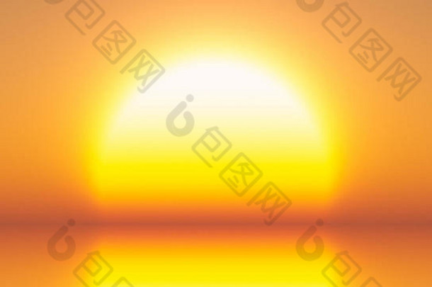 背景为明亮的黄色大太阳，位于水面地平线边缘，3D渲染。