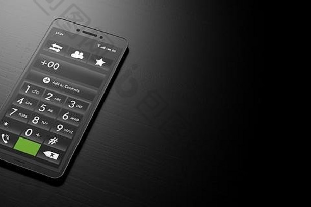 黑色木质背景上的智能<strong>手机号</strong>码键盘、横幅和复印空间。三维插图