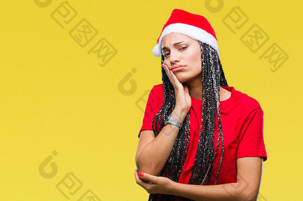 年轻的编织头发非洲美国女孩穿圣诞节他孤立的背景思考累了无聊抑郁症问题