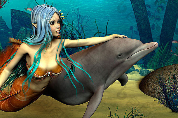 蓝色幻想海洋背景上的可爱美人鱼和海豚的3D数字渲染