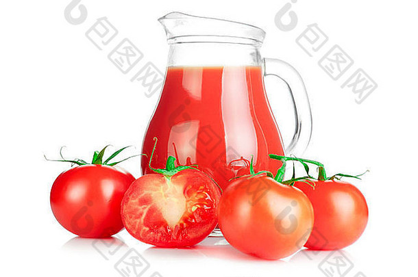 <strong>番茄</strong>汁。新鲜成熟的西红柿和<strong>白</strong>底玻璃罐果汁