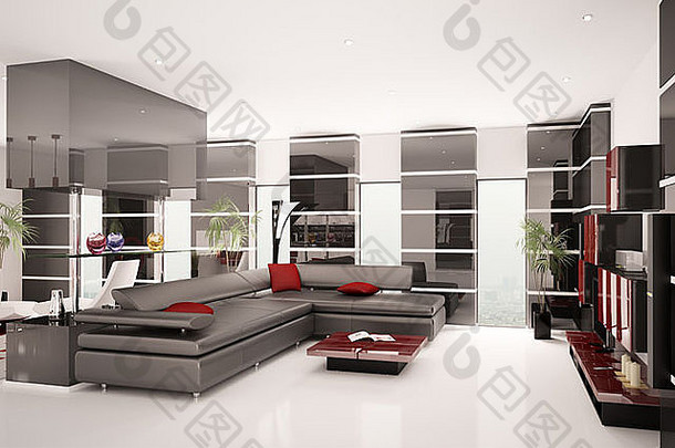 现代客厅，黑色真皮沙发内饰3d渲染