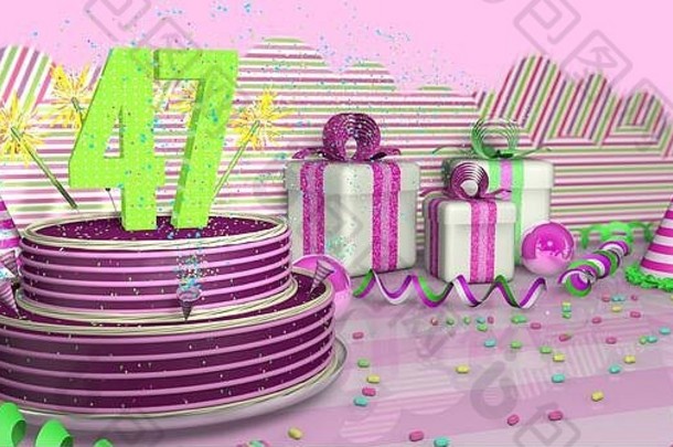 紫色圆圆的47岁生日<strong>蛋糕</strong>，在明亮的桌子上装饰着五颜六色的火花和粉红色的线条，上面有绿色的彩带、派对帽和带别针的礼盒