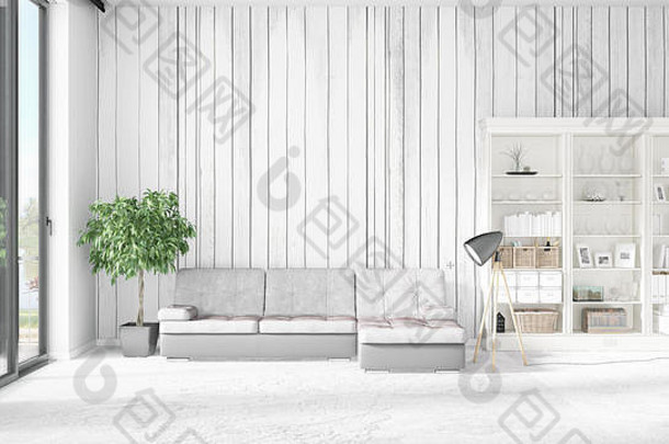 现代室内时尚白色沙发上Copyspace水平安排呈现
