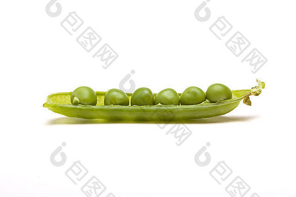 在白色背景下从低角度分离的新鲜豌豆荚。