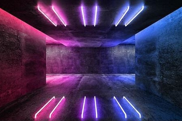 现代未来主义科幻概念俱乐部背景垃圾混凝土空暗室，霓虹灯闪烁紫色和蓝色经典Pantone霓虹灯3D Rend