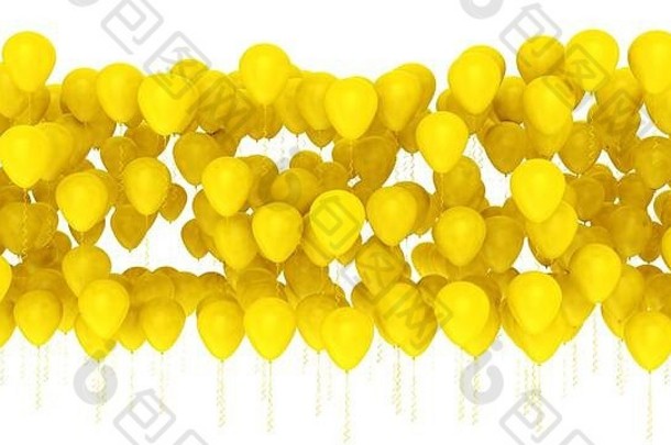 在白色背景上隔离的一排黄色气球。庆祝复活节的背景。三维插图