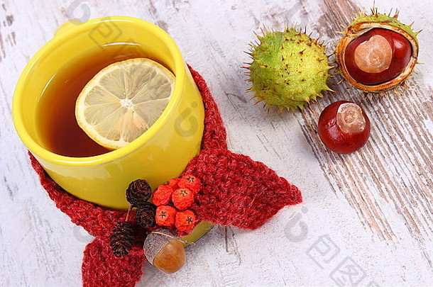 一杯柠檬裹羊毛围巾的茶，感冒保暖饮料，栗子的秋天装饰，罗文，