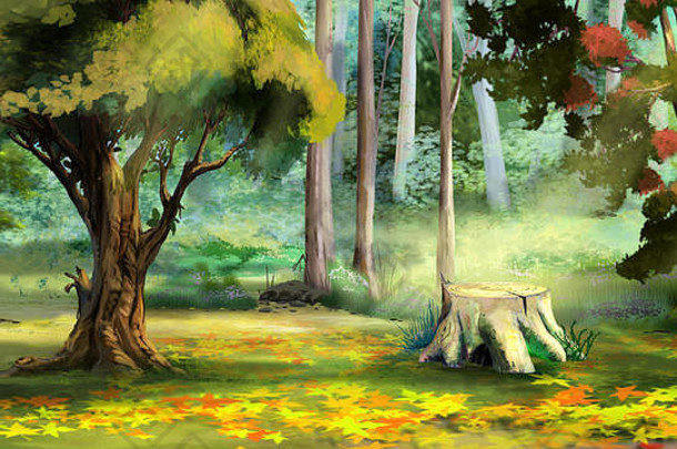 秋林中老树残木的美丽景色。数字绘画背景、插图。