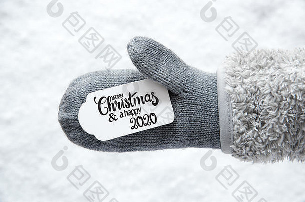 灰色手套，标签，雪花，圣诞快乐，2020<strong>年</strong>快乐