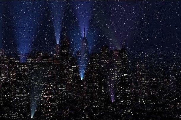 现代城市夜色灯光效果3D插图。概念到任何一个现代化的大城市都有着鲜明的除夕气氛。