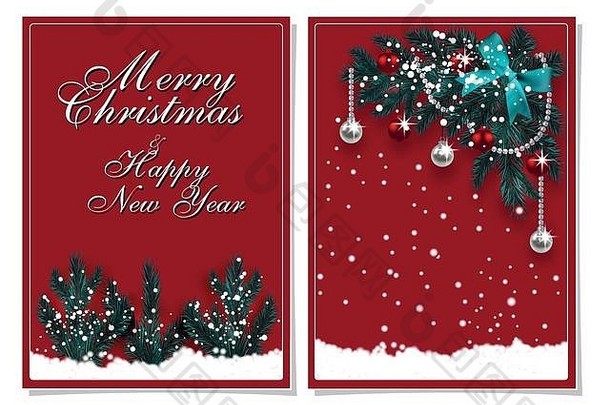 圣诞快乐，新年快乐。圣诞树和雪上有装饰的贺卡。插图