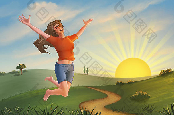 日落时，快乐的女孩跳过绿色的风景。数字插图。